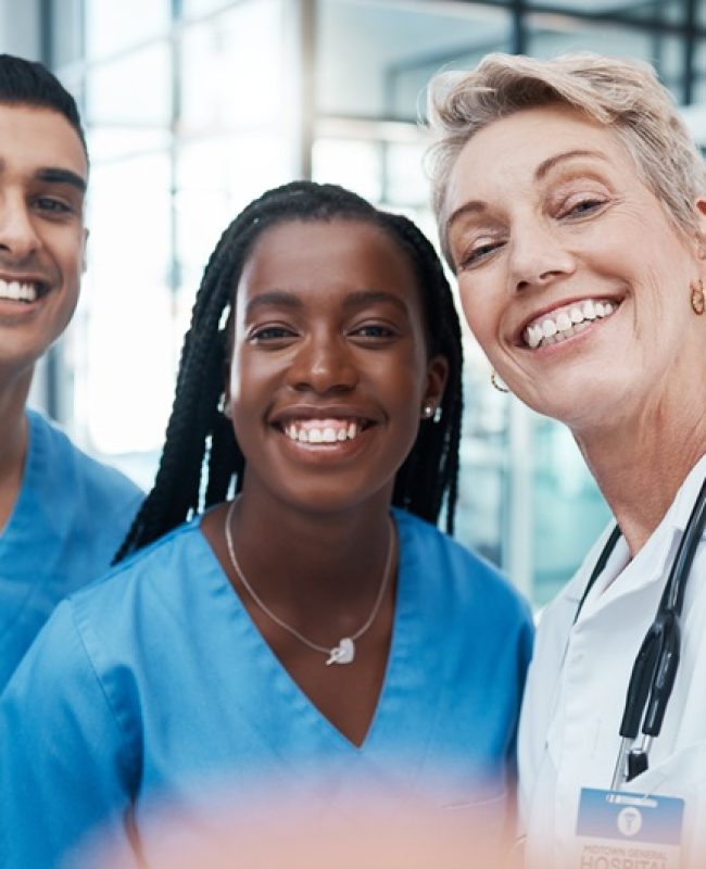Hospital, doctor and selfie of medical, nurse and doctors team with a happy smile about health care.